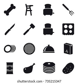 16 vector icon set : Chair for babies, toaster, big fork, knife, meat hammer, potato