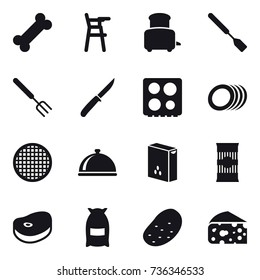 16 vector icon set : Chair for babies, toaster, spatula, big fork, knife, flour, potato, cheese