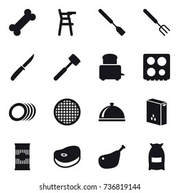16 vector icon set : Chair for babies, spatula, big fork, knife, meat hammer, flour