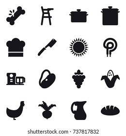 16 vector icon set : Chair for babies, pan, cook hat, chef knife, grape, corn, chicken, beet, jug, bread
