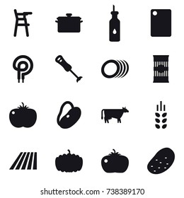 16 vector icon set : Chair for babies, pan, cutting board, cow, spikelets, field, pumpkin, tomato, potato