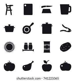 16 vector icon set : Chair for babies, cutting board, cup, pan, walnut crack, apple, tomato