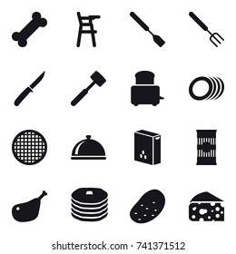 16 vector icon set : Chair for babies, spatula, big fork, knife, meat hammer, potato, cheese