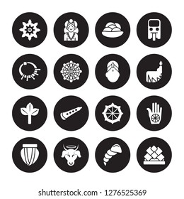 16 vector icon set : Chakra, Conch shell, Sac cow, Tablas, Karma, Lotus temple, Devi, Bael tree, Bindi isolated on black background