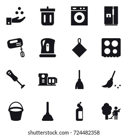 16 vector icon set : chamical industry, bin, washing machine, fridge, mixer, kettle, rag, broom, bucket, plunger, toilet cleanser, garden cleaning