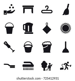 16 vector icon set : chamical industry, table, hanger, broom, bucket, kettle, rag, foam bucket, plunger, brush, garden cleaning, vacuum cleaner