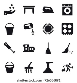 16 vector icon set : chamical industry, table, iron, washing machine, bucket, mixer, broom, vacuum cleaner, plunger