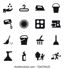 16 vector icon set : chamical industry, hanger, iron, bucket, mixer, broom, foam bucket, vacuum cleaner, plunger, toilet cleanser, garden cleaning