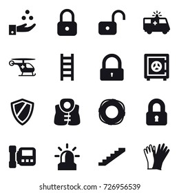 16 vector icon set : chamical industry, lock, unlock, stairs, safe, shield, life vest, lifebuoy, locked, intercome, alarm, gloves