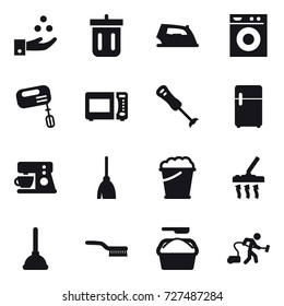 16 vector icon set : chamical industry, bin, iron, washing machine, mixer, broom, foam bucket, vacuum cleaner, plunger, brush, washing powder