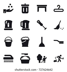 16 vector icon set : chamical industry, bin, table, hanger, kettle, broom, bucket, foam bucket, plunger, brush, washing powder, garden cleaning, vacuum cleaner