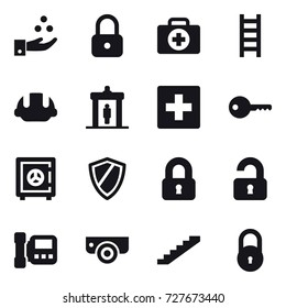 16 vector icon set : chamical industry, lock, stairs, building helmet, detector, first aid, key, safe, shield, locked, unlocked, intercome, surveillance camera