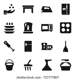 16 vector icon set : chamical industry, table, iron, fridge, plate washing, kettle, broom, bucket, vacuum cleaner, plunger, washing powder