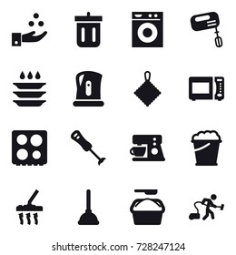 16 vector icon set : chamical industry, bin, washing machine, mixer, plate washing, kettle, rag, foam bucket, vacuum cleaner, plunger, washing powder