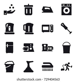 16 vector icon set : chamical industry, bin, iron, washing machine, kettle, bucket, foam bucket, plunger, brush, vacuum cleaner
