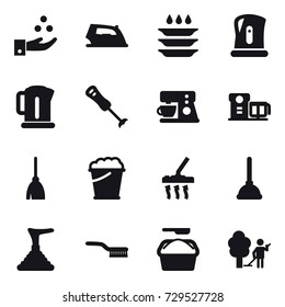 16 vector icon set : chamical industry, iron, plate washing, kettle, broom, foam bucket, vacuum cleaner, plunger, brush, washing powder, garden cleaning