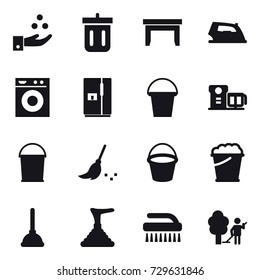 16 vector icon set : chamical industry, bin, table, iron, washing machine, fridge, bucket, broom, foam bucket, plunger, brush, garden cleaning