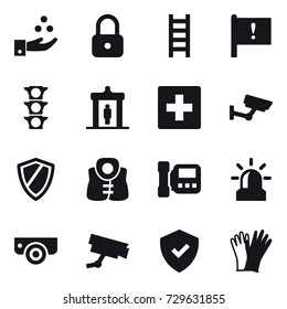 16 vector icon set : chamical industry, lock, stairs, detector, first aid, surveillance, shield, life vest, intercome, alarm, surveillance camera, gloves