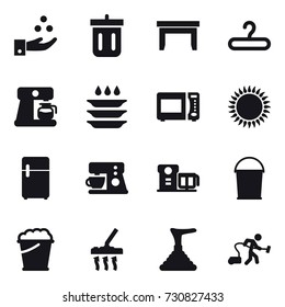 16 vector icon set : chamical industry, bin, table, hanger, coffee maker, plate washing, bucket, foam bucket, vacuum cleaner, plunger