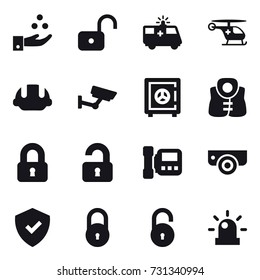16 vector icon set : chamical industry, unlock, building helmet, surveillance, safe, life vest, locked, unlocked, intercome, surveillance camera