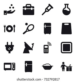 16 vector icon set : chamical industry, cafe, tennis, fridge, cutting board, foam basin, kitchen cleaning