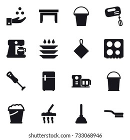 16 vector icon set : chamical industry, table, bucket, mixer, coffee maker, plate washing, rag, foam bucket, vacuum cleaner, plunger, brush