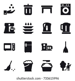 16 vector icon set : chamical industry, bin, table, washing machine, coffee maker, plate washing, kettle, broom, foam bucket, washing powder, garden cleaning