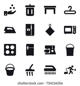 16 vector icon set : chamical industry, bin, table, hanger, iron, fridge, rag, bucket, vacuum cleaner, brush