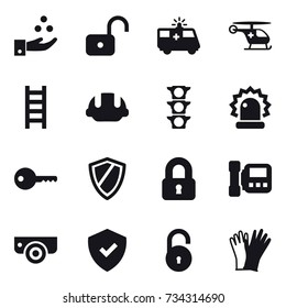 16 vector icon set : chamical industry, unlock, stairs, building helmet, key, shield, locked, intercome, surveillance camera, gloves
