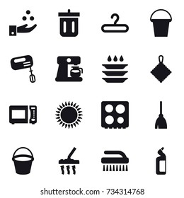 16 vector icon set : chamical industry, bin, hanger, bucket, mixer, coffee maker, plate washing, rag, broom, vacuum cleaner, brush, toilet cleanser