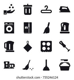 16 vector icon set : chamical industry, bin, hanger, iron, washing machine, fridge, broom, kettle, rag, plunger, washing powder