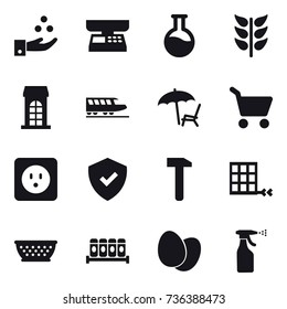 16 vector icon set : chamical industry, market scales, building, train, lounger, cart, power socket, kolander, sprayer