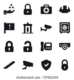 16 vector icon set : chamical industry, lock, building helmet, detector, surveillance, safe, locked, unlocked, intercome, surveillance camera, stairs
