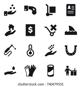 16 vector icon set : chamical industry, hand coin, cargo stoller, real estate, shark flipper, harvest, horseshoe, hand and drop, gloves, cleanser powder, kitchen cleaning