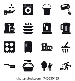 16 vector icon set : chamical industry, washing machine, bucket, mixer, coffee maker, plate washing, kettle, vacuum cleaner, brush, washing powder, garden cleaning