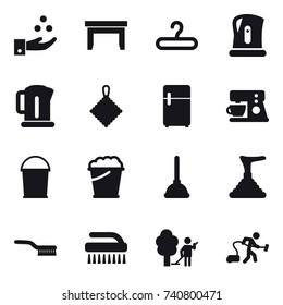 16 vector icon set : chamical industry, table, hanger, kettle, rag, bucket, foam bucket, plunger, brush, garden cleaning, vacuum cleaner