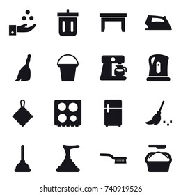 16 vector icon set : chamical industry, bin, table, iron, broom, bucket, coffee maker, kettle, rag, plunger, brush, washing powder