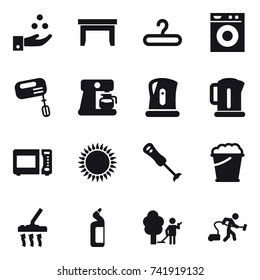16 vector icon set : chamical industry, table, hanger, washing machine, mixer, coffee maker, kettle, foam bucket, vacuum cleaner, toilet cleanser, garden cleaning