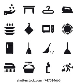 16 vector icon set : chamical industry, table, hanger, iron, plate washing, rag, broom, plunger, brush, washing powder, toilet cleanser, vacuum cleaner