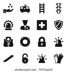 16 vector icon set : chamical industry, stairs, first aid, shield, life vest, lifebuoy, locked, alarm, gloves