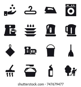 16 vector icon set : chamical industry, hanger, iron, washing machine, coffee maker, plate washing, kettle, rag, bucket, broom, vacuum cleaner, washing powder, toilet cleanser, garden cleaning