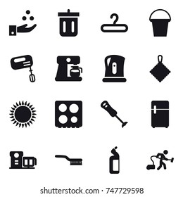 16 vector icon set : chamical industry, bin, hanger, bucket, mixer, coffee maker, kettle, rag, brush, toilet cleanser, vacuum cleaner