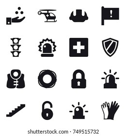 16 vector icon set : chamical industry, building helmet, first aid, shield, life vest, lifebuoy, locked, alarm, stairs, gloves