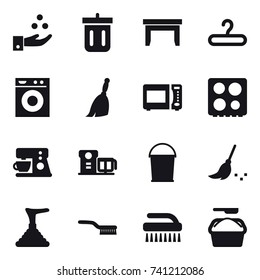 16 vector icon set : chemical industry, bin, table, hanger, washing machine, broom, bucket, plunger, brush, washing powder