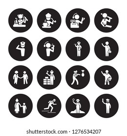 16 vector icon set : Chemist, Archeologist, athlete, Baby sitter, Basketball player, Actor, captain, HR Specialist, Butler isolated on black background