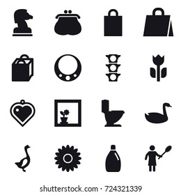 16 vector icon set : chess horse, purse, shopping bag, necklace, heart pendant, flower in window, toilet, goose, flower, cleanser, woman with pipidaster