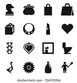 16 vector icon set : chess horse, purse, shopping bag, necklace, lipstick, heart pendant, flower in window, toilet, goose, flower, cleanser, woman with pipidaster