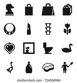 16 vector icon set : chess horse, shopping bag, necklace, lipstick, heart pendant, flower in window, toilet, goose, cleanser, sponge with foam, woman with pipidaster