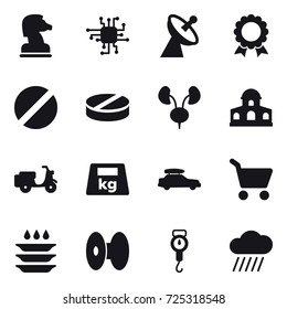 16 vector icon set : chess horse, chip, satellite antenna, medal, mansion, car baggage, cart, plate washing, handle scales, rain cloud