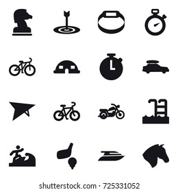 16 vector icon set : chess horse, target, smart bracelet, stopwatch, bike, dome house, car baggage, deltaplane, motorcycle, pool, surfer, golf, yacht, horse